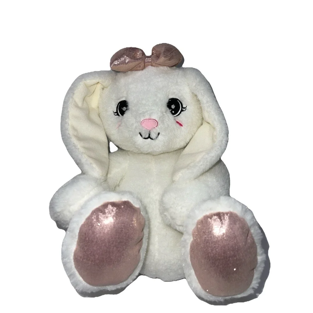 Plush White Bunny Rabbit Backpack Embroidered Face Mauve Pink Glitter Bow & Feet